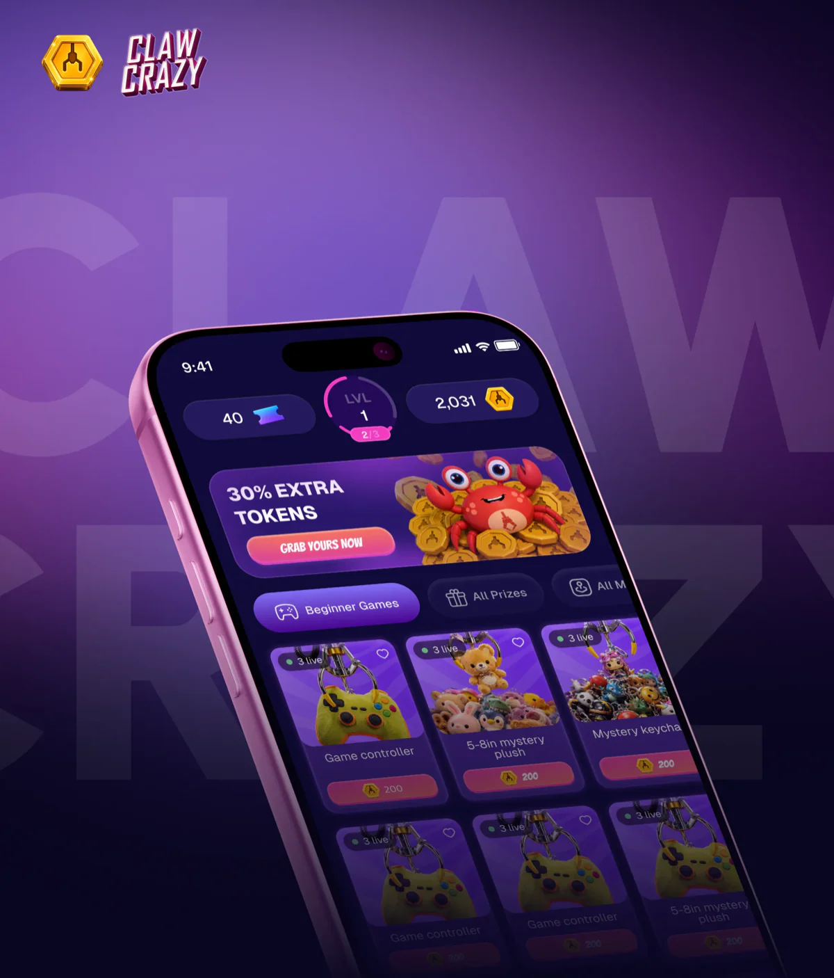 ClawCrazy claw-machine app on a phone, with a token offer and game categories on a purple background. Cover for the Aceberry Labs ClawCrazy case.