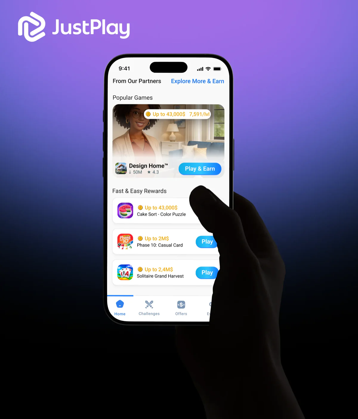 JustPlay rewards app on a phone held in a dark silhouetted hand, under the JustPlay logo. Cover for the Aceberry Labs JustPlay case.