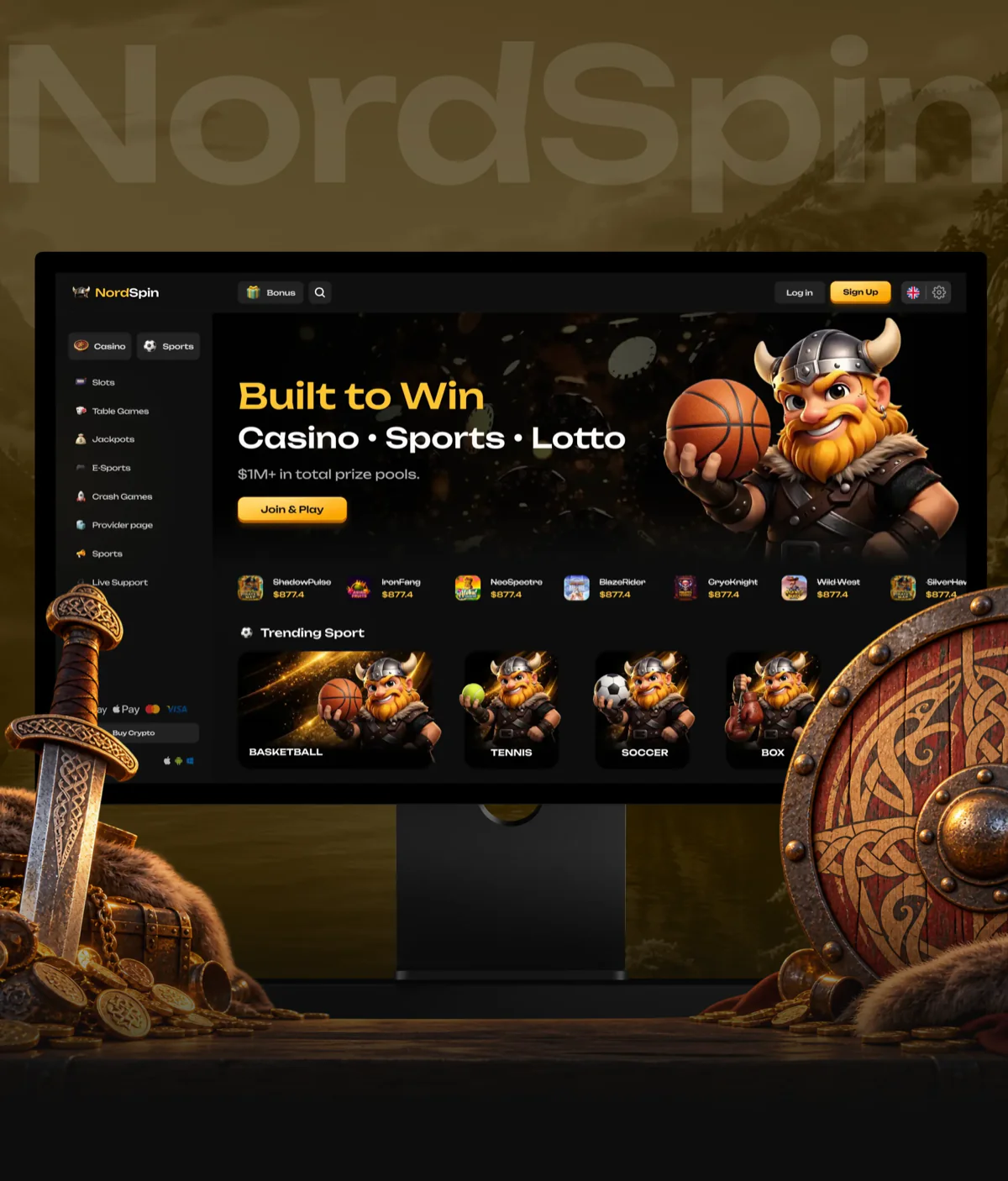 NordSpin casino and sportsbook platform on a monitor, framed by a Viking sword and shield. Cover for the Aceberry Labs NordSpin case.