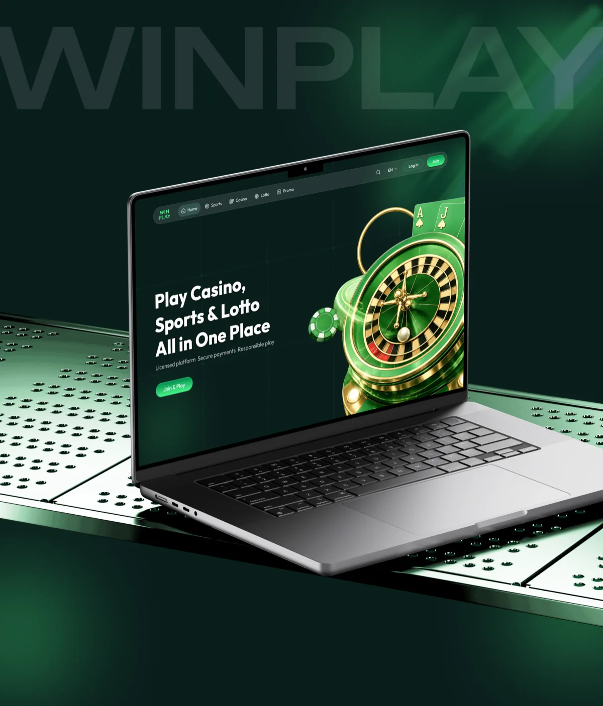 WinPlay casino and sportsbook homepage on a laptop with a green roulette wheel. Cover for the Aceberry Labs WinPlay case.